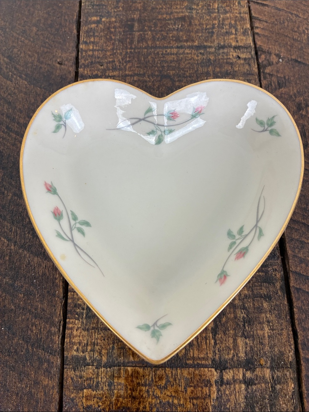 Lenox Rose Manor Heart-Shaped Porcelain Dish Pink Rosebud 24K Gold Plated Rim